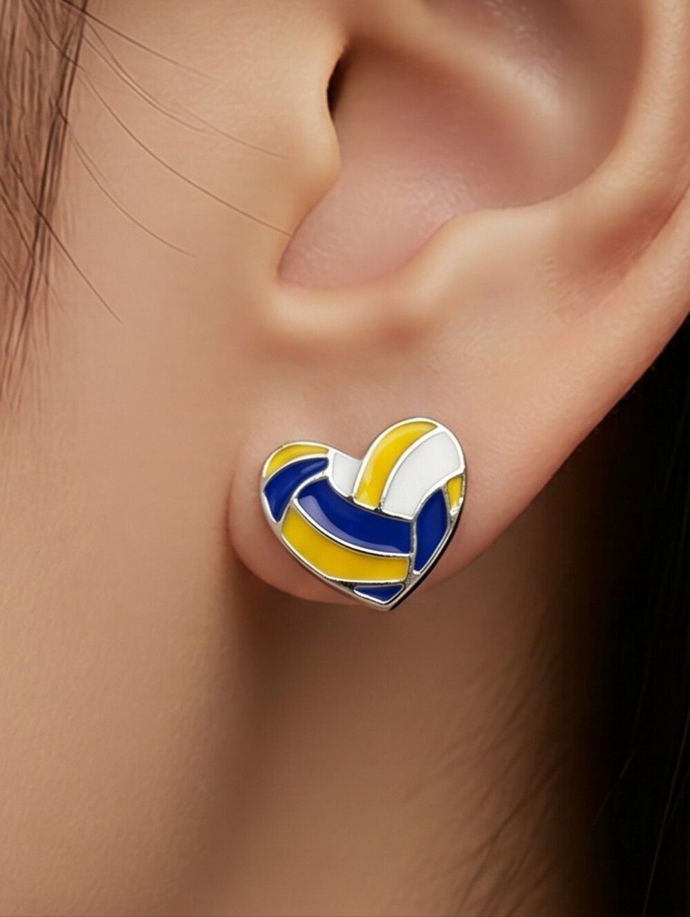 Mikasa Volleyball Heart Stud Earrings Enamel Silver Sports Mom Love Jewelry